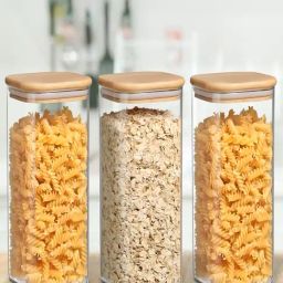 ALLO Transparent Borosilicate Glass Square Jar with Wooden Lid - Set of 3 (600 ml)-29