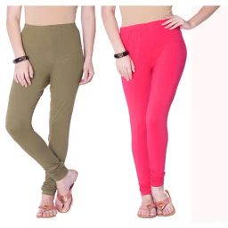 Dollar Missy Olive & Pink Cotton Leggings (Pack of 2)-image-93