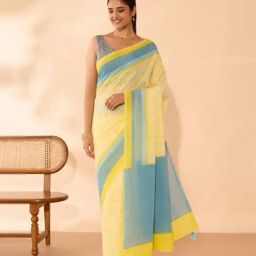 Taneira Light Yellow Cotton Printed Saree With Unstitched Blouse-picture-7