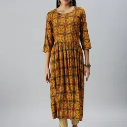 SHOWOFF Yellow Cotton Bandhani Calf Length A Line Kurta-picture-29