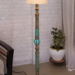 Homesake Rustic Green Wooden Royal Carving Floor Lamp with White Shade - Set of 1-12