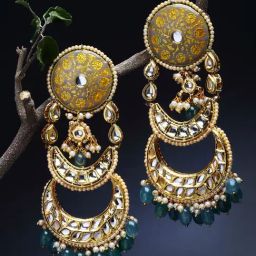 Dugran By Dugristyle Green & Grey Chand Bali Earrings with Meenakari, Kundan and Pearls-image-36