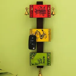 ExclusiveLane 'Panels Of Paintings' Warli Hand-Painted Key Holder In Pine & Teak Wood (6 Hooks)-image-51