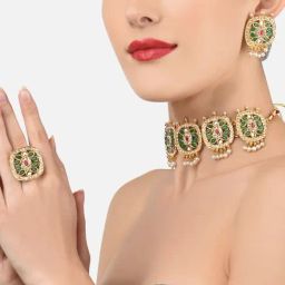 Zaveri Pearls Green & Pink Stones Traditional Necklace, Earring & Ring Set-ZPFK11917-8