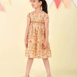 Fabindia Kids Beige Cotton Regular Fit Floral Print Dress-image-37