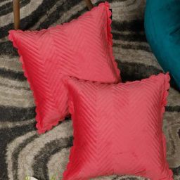 Hosta Homes Pink Velvet Self Design Cushion Covers-33