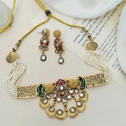 Abdesigns Gold-Tone Plated Statement Kundan Pearl Necklace & Earring Set image 2