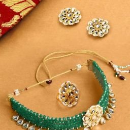 Zaveri Pearls Green Beads Ethnic Kundan Choker Necklace Earring & Ring Set-ZPFK10492-14