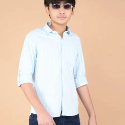 Crimsoune Club Boys Blue Cotton Striped Shirt-image-48