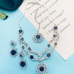 Abdesigns American Diamond Silver Statement Necklace, Earring & MaangTikka Set-image-126