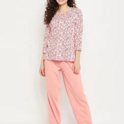 Clovia Pink & Peach Cotton Printed Top Pyjamas Set-image-62