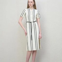 Iconic White Striped Added Belt Knit Stripes Stretchable Midi Dress-image-69
