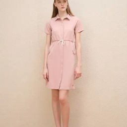 Iconic Pink Solid Collared Neck Contrast Panelling Shirt Dress-image-3
