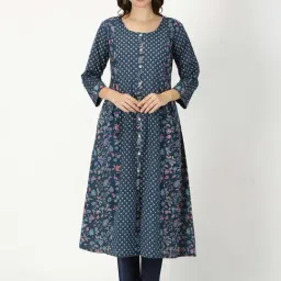 Saffron Threads Navy Floral Print A Line Kurta-picture-20