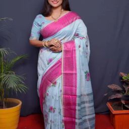 SHUBHKALA Sky Blue & Pink Silk Woven Saree With Unstitched Blouse-image-53