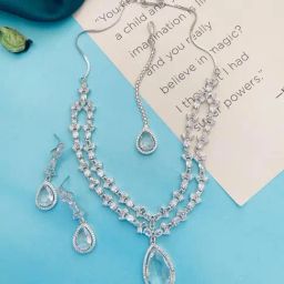 Abdesigns American Diamond Silver Statement Necklace, Earring & MaangTikka Set-45