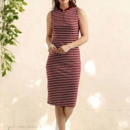 Miss Chase Maroon And White Round Neck Sleeveless Striped Bodycon Dress-picture-16