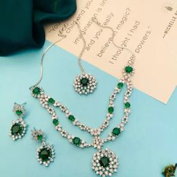 Abdesigns American Diamond Silver Statement Necklace, Earring & MaangTikka Set-image-130
