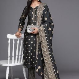 Libas Women Charcoal Floral Printed  Gotta Patti Kurta with Trousers &  Dupatta-picture-52