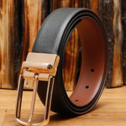 Louis Stitch Black Textured Leather Reversible Belt for Men-image-39