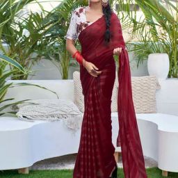 Satrani Maroon Striped Saree With Unstitched Blouse-image-11