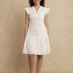 RAREISM Off White Cotton Embroidered Short Sleeves Dress-image-105