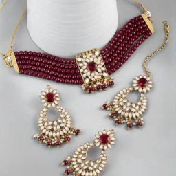Peora Gold Plated Kundan Choker Necklace with Earrings & Maang Tikka Set-image-53