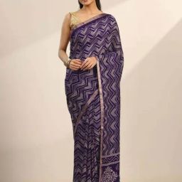 Libas Purple Printed Saree with Unstitched Blouse-image-38