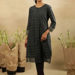 W Dark Grey Cotton Printed Straight Kurta-image-97