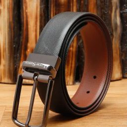 Louis Stitch Black Textured Leather Reversible Belt for Men-image-86