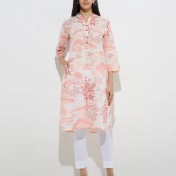 Utsa by Westside Light Peach Printed Straight Cotton Kurta-image-81