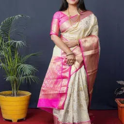 SHUBHKALA Cream & Pink Silk Woven Saree With Unstitched Blouse-picture-25