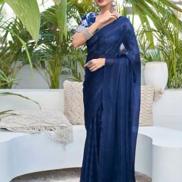 Satrani Navy Blue Striped Saree With Unstitched Blouse-image-68