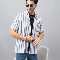 CHIMPAAANZEE White & Purple Regular Fit Striped Shirt-image-48