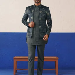 TheEthnic.Co Men Blue Embroidered Sherwani Set-image-12