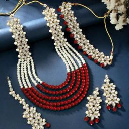 Peora Gold Plated Kundan Faux Pearl Necklace with Earrings & Maang Tikka Set-picture-9