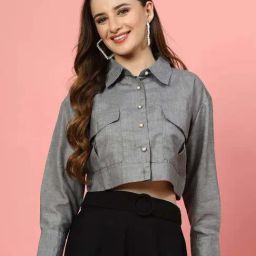 Melon By plusS Grey Cotton Plain Crop Shirt-image-32