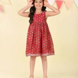 Fabindia Kids Red Regular Fit Printed Dress-image-5