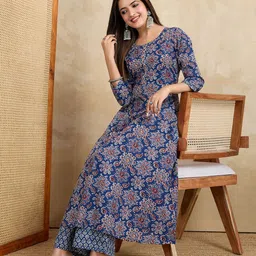 BEYOND ETHNIC Women Floral Printed A-line kurta With Palazzos Cotton Kurta Set-17