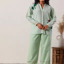 STIL O STITCH Floral Embroidered Mandarin Collar Shirt With Trousers-picture-17