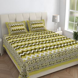 Monik Handicrafts Green & White Printed 144 TC Cotton King Bedsheet Set 2.28 m x 2.62 m-image-59