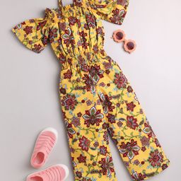 TOONYPORT Half Sleeves Cold Shoulder Floral Print Jumpsuit - Yellow-image-91