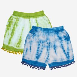 Kiddopanti Pack Of 2 Tie & Dye Pom Pom Detailing Shorts - Blue & Green-image-59