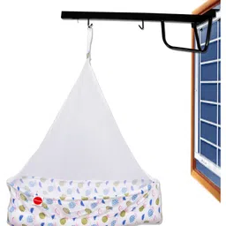 VParents Fruity Baby Cradle with Attached Bed and Mosquito Net and Window Cradle Metal Hanger - Blue-picture-35