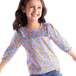 Babyhug Three Fourth Sleeves Top with Smocking and Frill Detailing & Floral Print - Blue-image-76