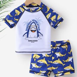 Babyhug Half Sleeves Mid Thigh Length Swimsuit Shark Print - Blue-picture-19