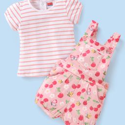 Babyhug 100% Cotton Knit Floral Print Dungaree & Half Sleeves Striped Tee Set - Pink & White-image-46