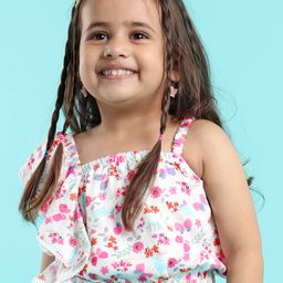 Babyhug 100% Rayon Woven Sleeveless One Shoulder Crop Top With Frill & Lace Detailing Floral Print- White-image-5