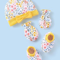 Babyhug 100% Cotton Floral Printed Cap Mittens & Booties Set with Bow Applique - Yellow & White-image-93
