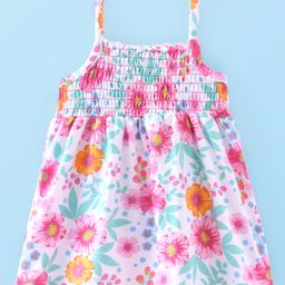 Babyhug Cotton Knit Sleeveless Top with Smocking & Floral Print - White-image-30